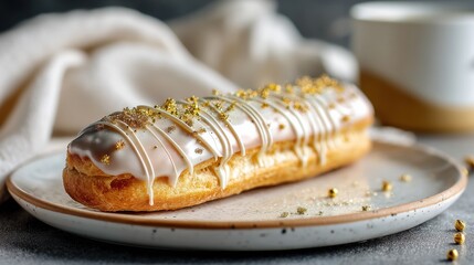 Poster - Delicious French Éclair Topped With Glaze and Gold Dust Displayed on a White Ceramic Plate Against a Neutral Background