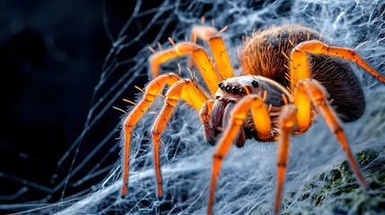 Closeup of Orange Spider on Web, Macro Photography