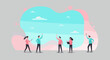 © gapaparis - Team collaboration and communication illustration featuring diverse people using devices and celebrating success in a vibrant outdoor setting with colorful background