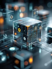 Poster - Rotating Digital Cube Displaying AI Icons and Streaming Code in a Futuristic Environment