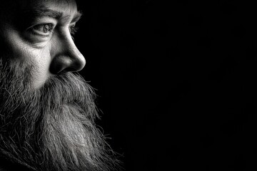 Poster - High-contrast Black and White Portrait of a Man With a Thick Beard Captured in a Studio Setting Highlighting His Facial Features