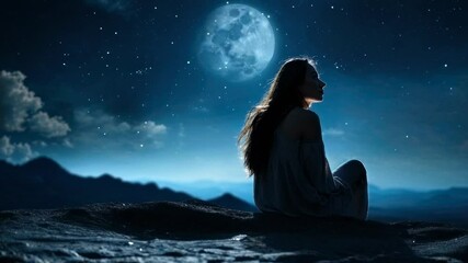 Wall Mural - silhouette of a woman sitting on a hill under a starry sky with a full moon. the video captures a se