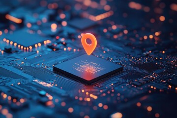 Poster - Orange GPS Pin on Illuminated Blue Circuit Board