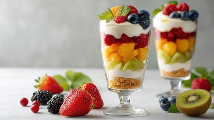 Aufkleber - Layered Fruit Parfait With Cream and Granola Served in a Glass on a White Tabletop Background