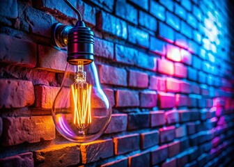 Poster - Neon Light Bulb Brick Wall Portrait Photography - Glowing Retro Urban Scene
