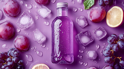 Aufkleber - Refreshing Purple Grape Drink Surrounded by Ice Cubes and Lemon Slices on a Vibrant Purple Background : Generative AI