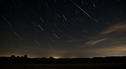 Wall Mural - night sky star trails time lapse over rural landscape with distant light pollution creating an ether