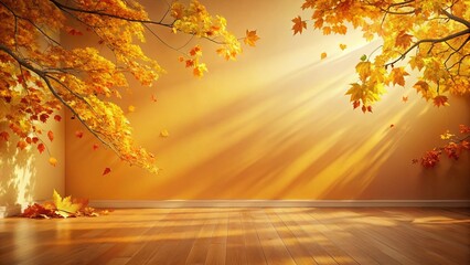 Poster - Pastel Autumn Wall & Floor: Empty Room with Falling Leaves & Branches