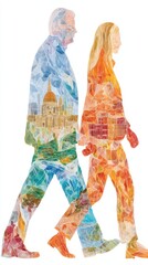 Poster - Artistic Double Exposure Concept Featuring Abstract Figures Walking with Cityscape Elements