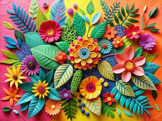 Poster - Playful Botanical Collage: Colorful Cutout Flowers & Leaves with Newspaper & Geometric Shapes
