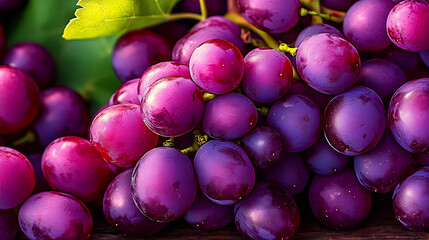 Poster - Vibrant and Fresh Purple Grapes Displayed on a Dark Wooden Surface with Lush Green Leaves : Generative AI