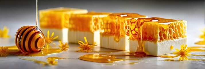 Poster - Delightful Dessert Features Honeycomb Drizzled With Golden Honey Creating a Vibrant, Sweet Experience Perfect for Any Occasion