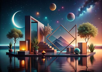 Poster - Serene Night: Geometric Abstract Art with Soothing Organic Forms in Muted Hues