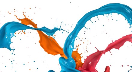 Poster - Colorful paint splashes of blue orange and pink colliding in mid air on a white background studio shot