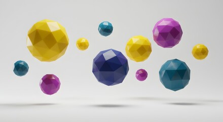 Poster - A collection of colorful geometric spheres floating in a white space with soft shadows underneath them