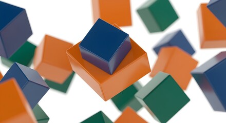 Poster - Floating colorful cubes in a dynamic arrangement against a plain white background creating depth and dimension