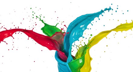 Poster - Colorful paint splashing out of a container on a white background creating dynamic abstract shapes