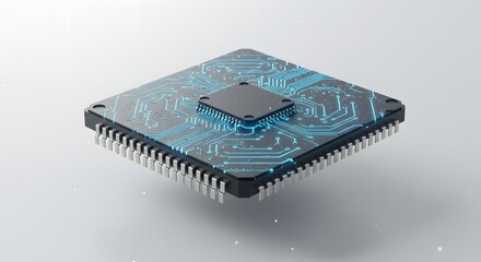 Poster - A detailed close up of a computer chip with glowing blue lines on a white background surface view