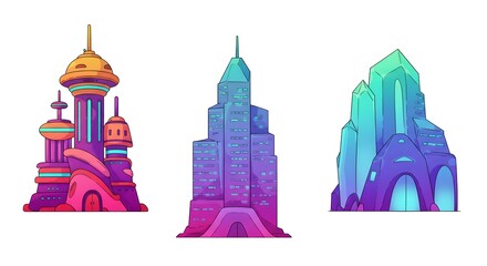 Poster - Three cartoon futuristic buildings with unique designs and vibrant colors on a white background