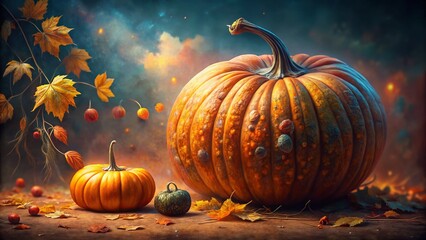 Poster - Surreal Pumpkin Still Life: Autumn Harvest Painting with Miniature Pumpkin