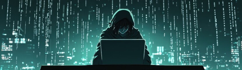 Poster - silhouette programmer working at night with digital code streams