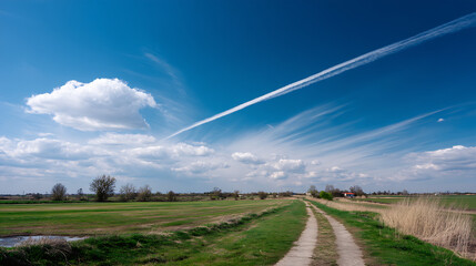 Poster - Scenic rural landscape with blue sky, fluffy clouds and a winding path through green fields : Generative AI