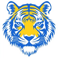  Blue and yellow tiger head, mascot design, sports team logo, white background