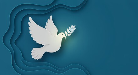Wall Mural - paper representation pale colored bird carrying branch from olive tree flying light non representati