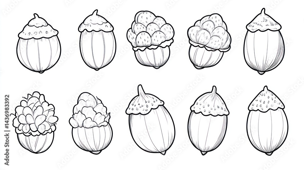 Acorn variations, botanical illustration, white background, educational ...