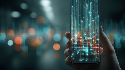 Fototapete - Hand Holding Smartphone Projecting Holographic Interface in a Modern Tech Setting During Nighttime