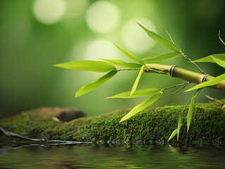 Poster - Tranquil bamboo leaves over a serene water surface with blurred green foliage in the background : Generative AI
