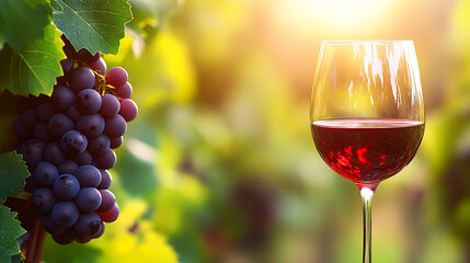 Poster - A vibrant glass of red wine beside fresh grapes in a sunlit vineyard showcasing nature's beauty and richness : Generative AI
