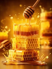 Poster - Delicious Honeycomb Dessert Dripping With Golden Honey in a Vibrant and Inviting Setting