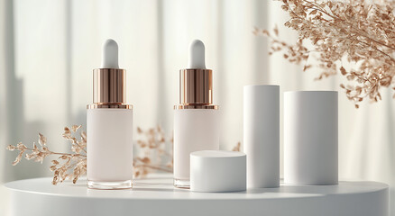 Aufkleber - Elegant skincare product display featuring minimalist bottles and droppers with a soft natural background : Generative AI