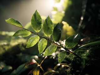 Poster - Close-Up of Dew-Laden Green Fern Leaves at Dawn in a Rainforest Setting : Generative AI