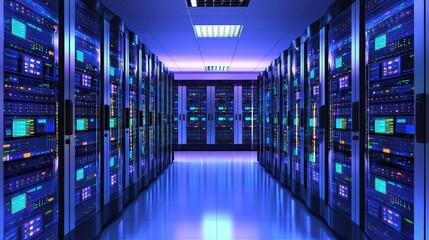 Poster - Advanced server room glowing with vivid blue lights and colorful control panels, featuring futuristic racks and polished floors, perfect for AI, cloud, and cybersecurity themes