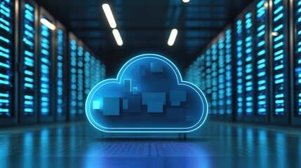 Poster - Futuristic server room with glowing blue cloud icon and illuminated racks, symbolizing cloud computing, digital storage, cybersecurity, big data, and IT innovation concepts