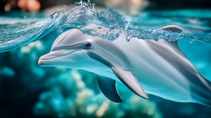 Aufkleber - Captivating underwater beauty of a dolphin swimming in clear blue ocean water : Generative AI