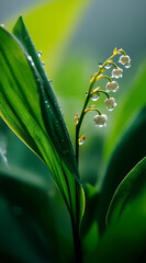 Poster - Delicate Lily of the Valley Flower with Dew Droplets Glimmering in Soft Natural Light : Generative AI