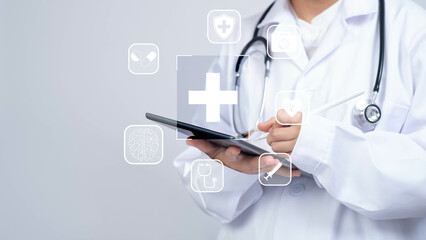 a healthcare professional in a lab coat uses a tablet, surrounded by digital health icons representi