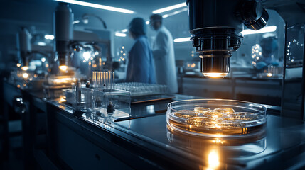 Fototapete - Modern laboratory setting with microscope, petri dishes, and researchers in the background working on scientific experiments : Generative AI