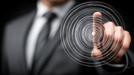 Poster - Professional businessman intently pressing a button with his finger on a futuristic touchscreen display for interaction