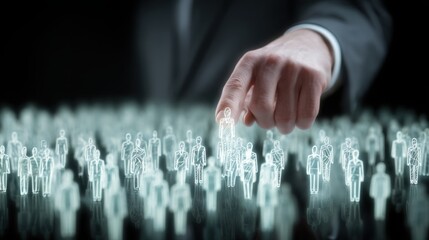 Poster - Person's hand touching a group of diverse people in a collaborative setting with focus on teamwork and connection