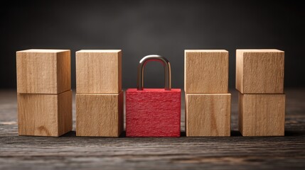 Poster - Red padlock on a wooden block representing buy zone detection concept for identifying safe entry in investments