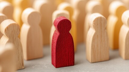 Poster - Red wooden figure distinguishing itself from group of wooden people illustrating capital allocation strategy concept