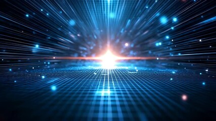 Poster - Dynamic Blue Light Rays on Dark Background with Glittering Particles