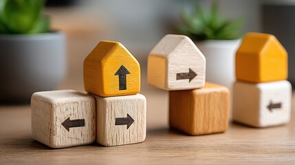 Poster - Wooden block featuring house and arrow symbolizing correction buying opportunity concept for real estate investment