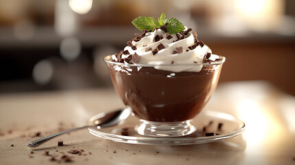 Poster - Delicious chocolate mousse dessert topped with whipped cream and chocolate shavings in a clear glass bowl : Generative AI