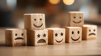 Poster - Cheerful wooden blocks with smiley faces representing customer value scoring tool for rating leads and customer engagement