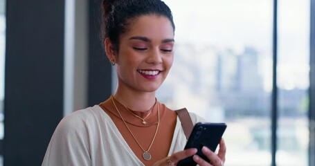 Poster - Woman, phone texting and office with smile from social media break and scroll on the internet at work. Happy, app and mobile networking with technology at public relations agency online with laughing